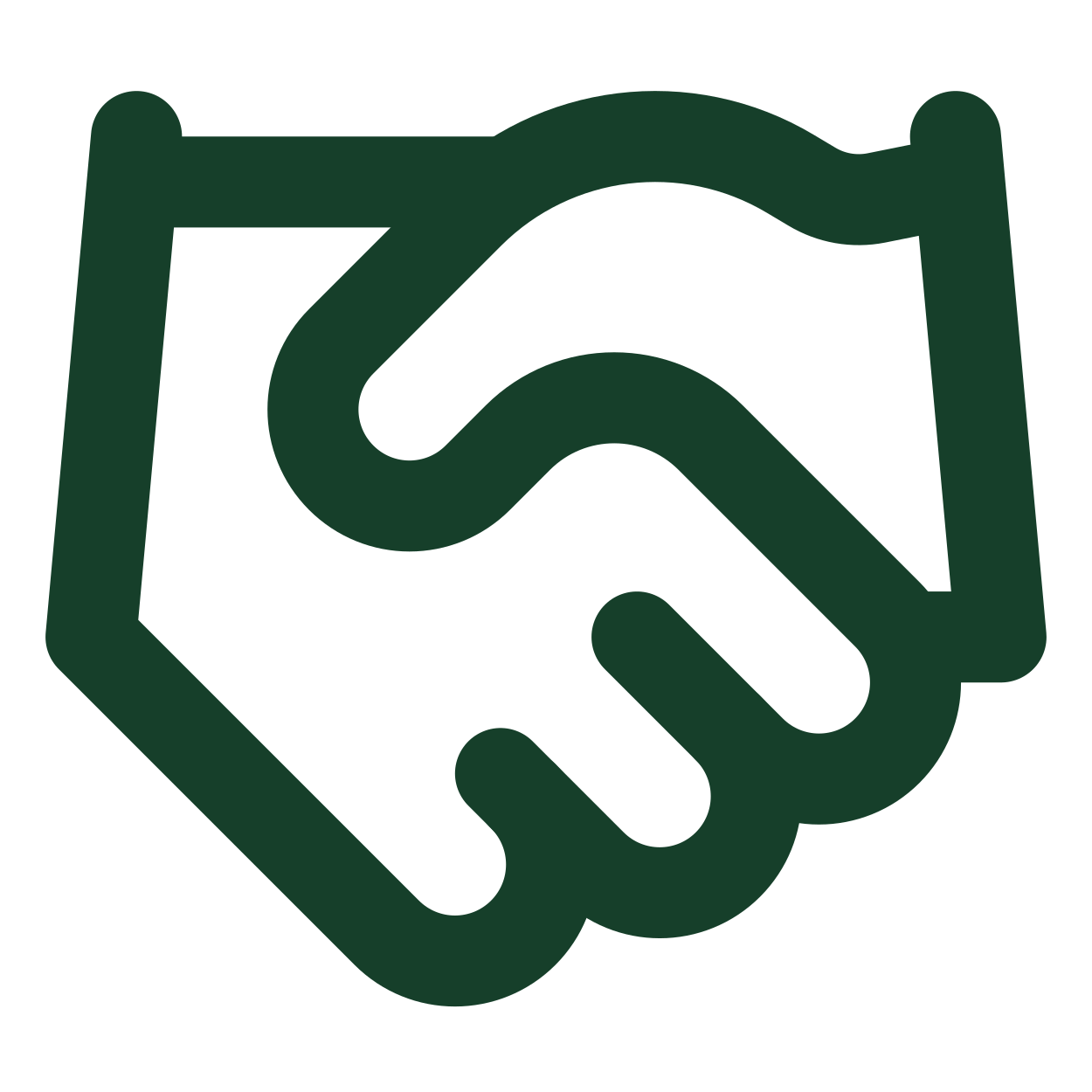 Line drawing of two hands shaking, outlined in dark green.