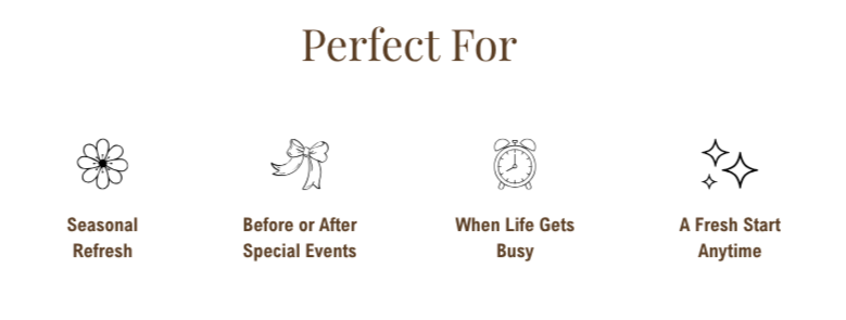 Poster with the title 'Perfect For' and headings about seasonal benefits, special events, life milestones, and fresh start moments.