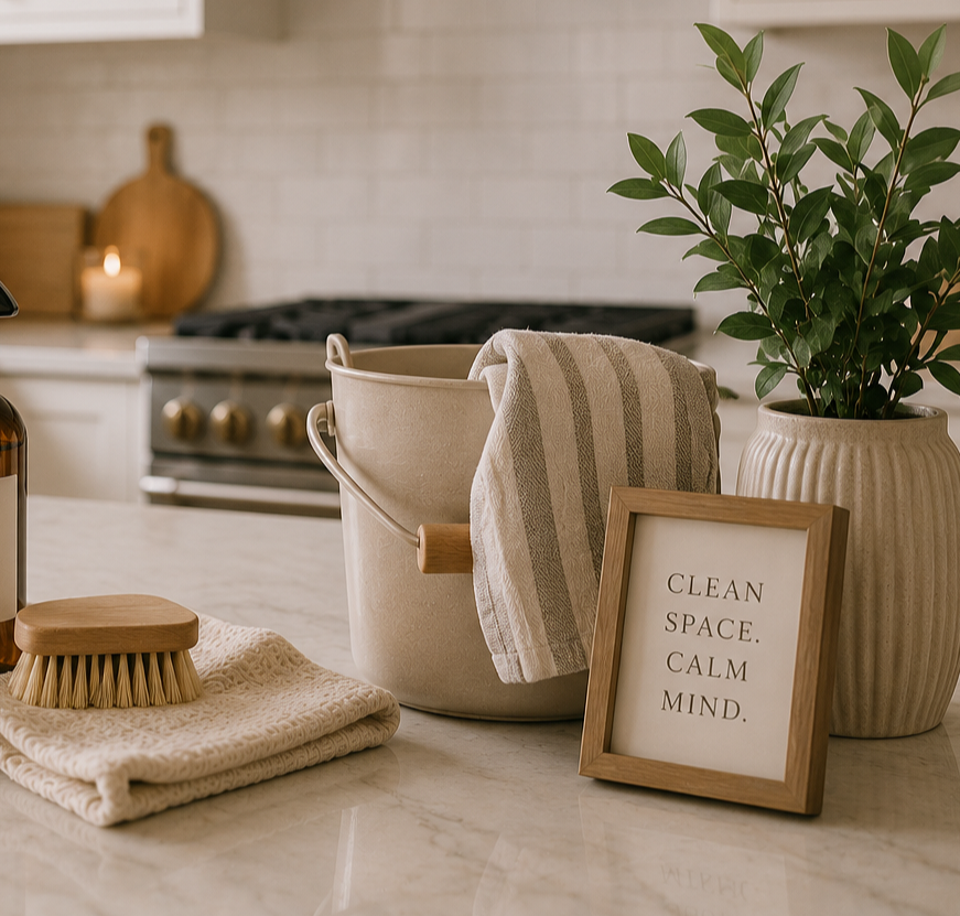 A kitchen countertop with a framed sign reading 'CLEAN SPACE. CALM MIND.', a potted plant, a bucket with a towel and a brush on top, and candles in the background.