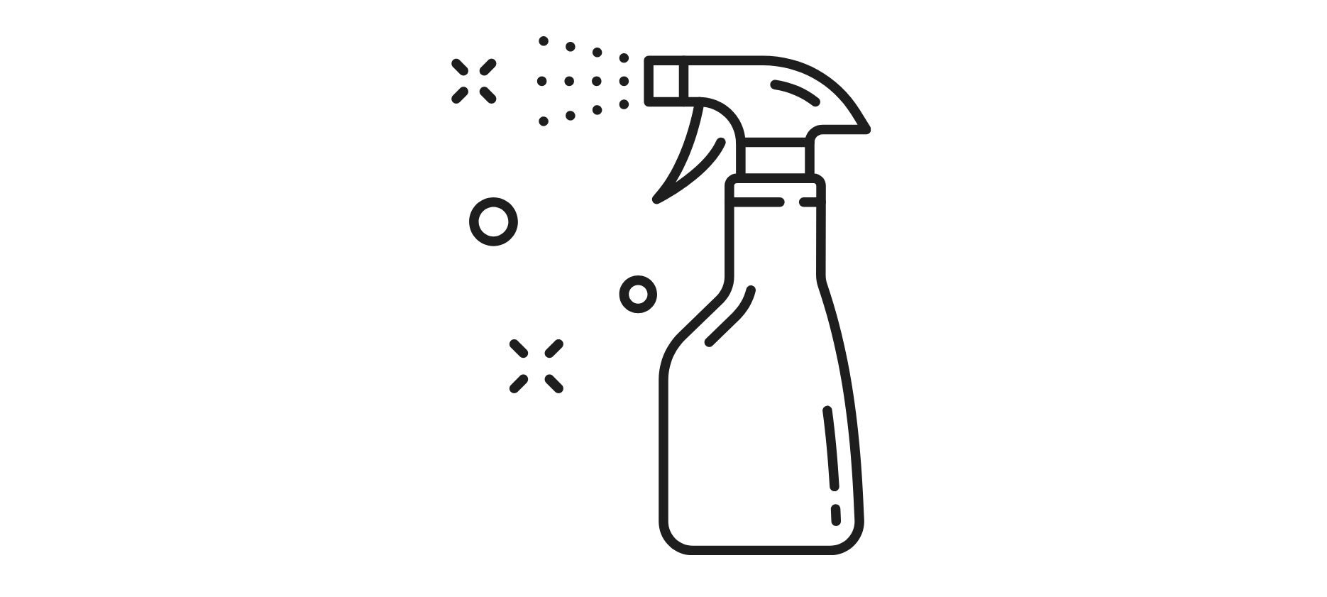 Outline of a spray bottle with cleaning solution, spray nozzle releasing mist, and bubbles.