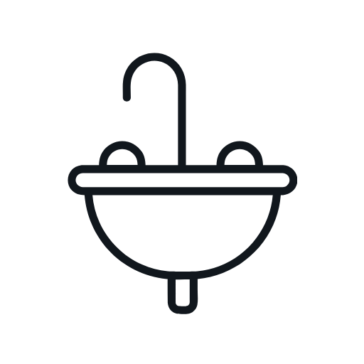 Icon of a bathroom sink with faucet and two handles on a black background.