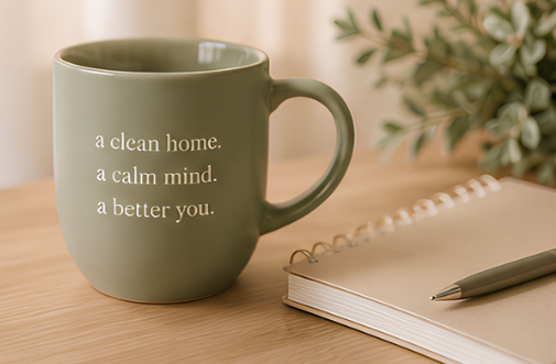 Green mug with white text that reads 'a clean home, a calm mind, a better you,' next to a notebook with a pen, on a wooden surface with a plant in the background.