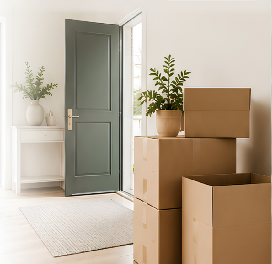 Entryway with a blue door, white walls, cardboard boxes, two potted plants, a white shelf with a vase and small decor, and a light-colored rug.
