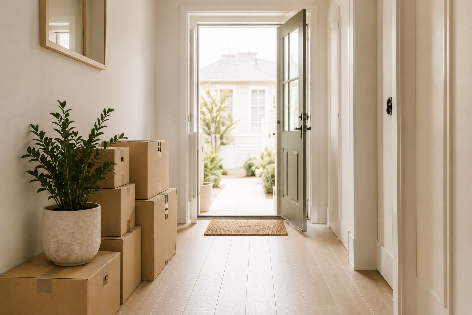 Entryway with open front door leading outside, potted plants, and stacked moving boxes.