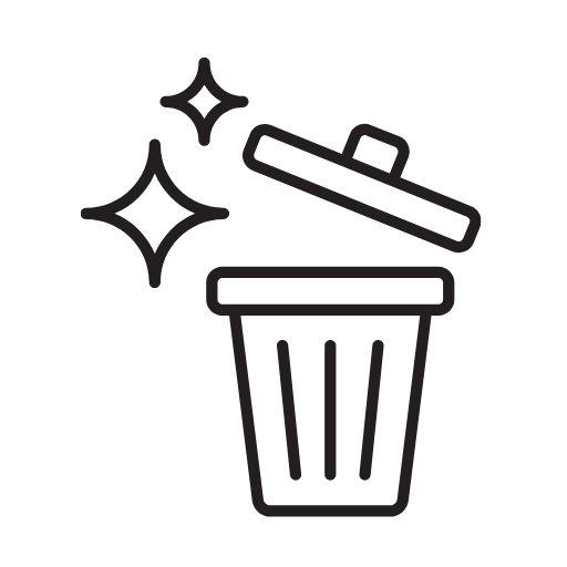 Trash can with lid open and sparkles around it.