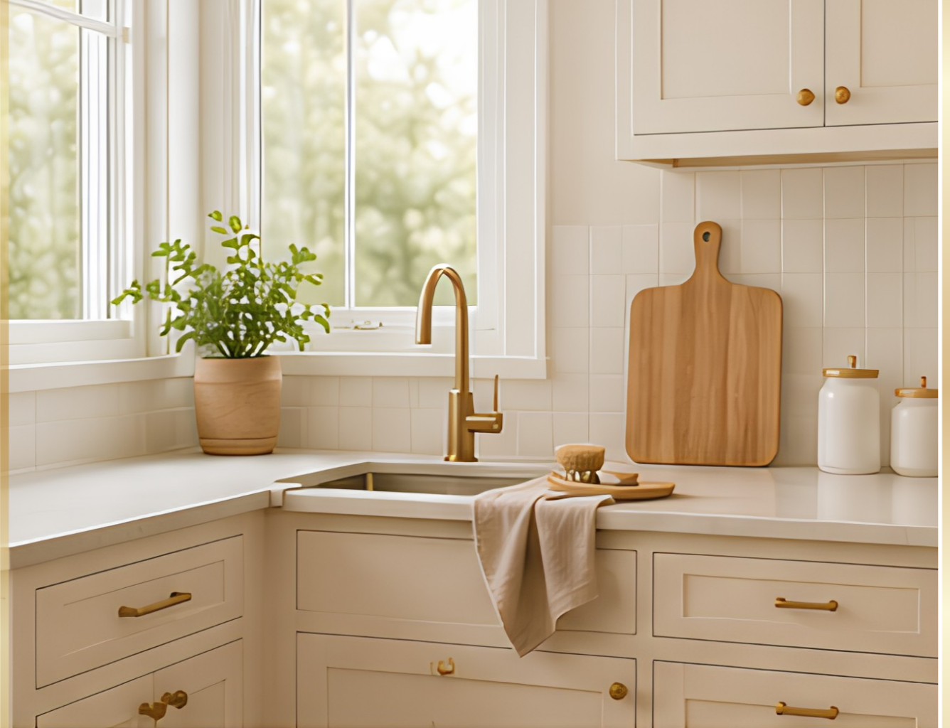 Kitchen sink area with beige cabinets, a window with a view outside, a potted plant, a wooden cutting board, soap jars, and a beige towel on the counter.