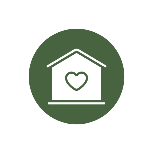Icon of a house with a heart inside, surrounded by a green circle.