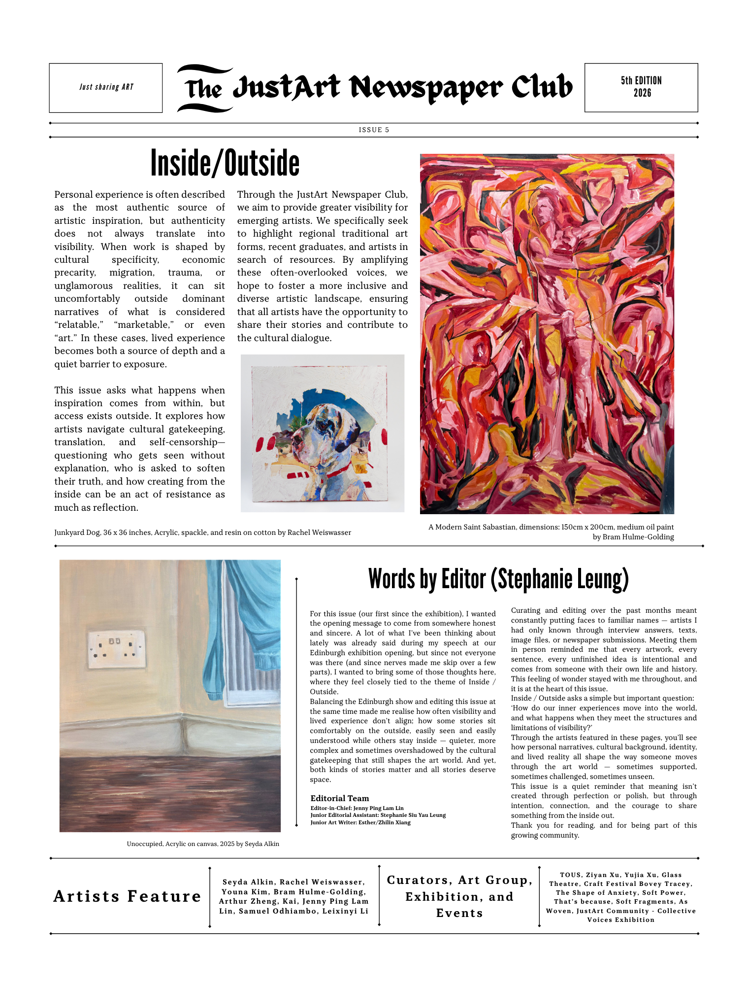 A front page of The JustArt Newspaper Club, issue 5, 2026, featuring an article titled Inside/Outside, with images of modern abstract paintings, including one of a dog on a canvas and another of Saint Sabastian, with captions describing the artworks and their creators.