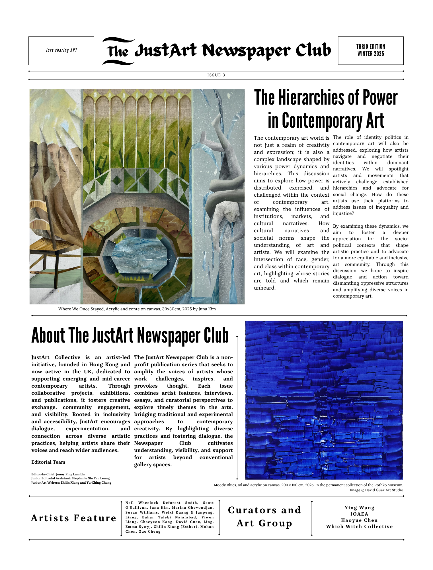A digital image of a newspaper page titled 'The JustArt Newspaper Club' from Winter 2025. The page features artwork and articles discussing contemporary art and social issues. There is an image of an acrylic and conte painting titled 'Where We Once Stayed' by Juna Kim, depicting an urban landscape with architectural elements and abstract shapes in muted and vibrant colors. The article discusses art's role in social discourse and cultural narratives.