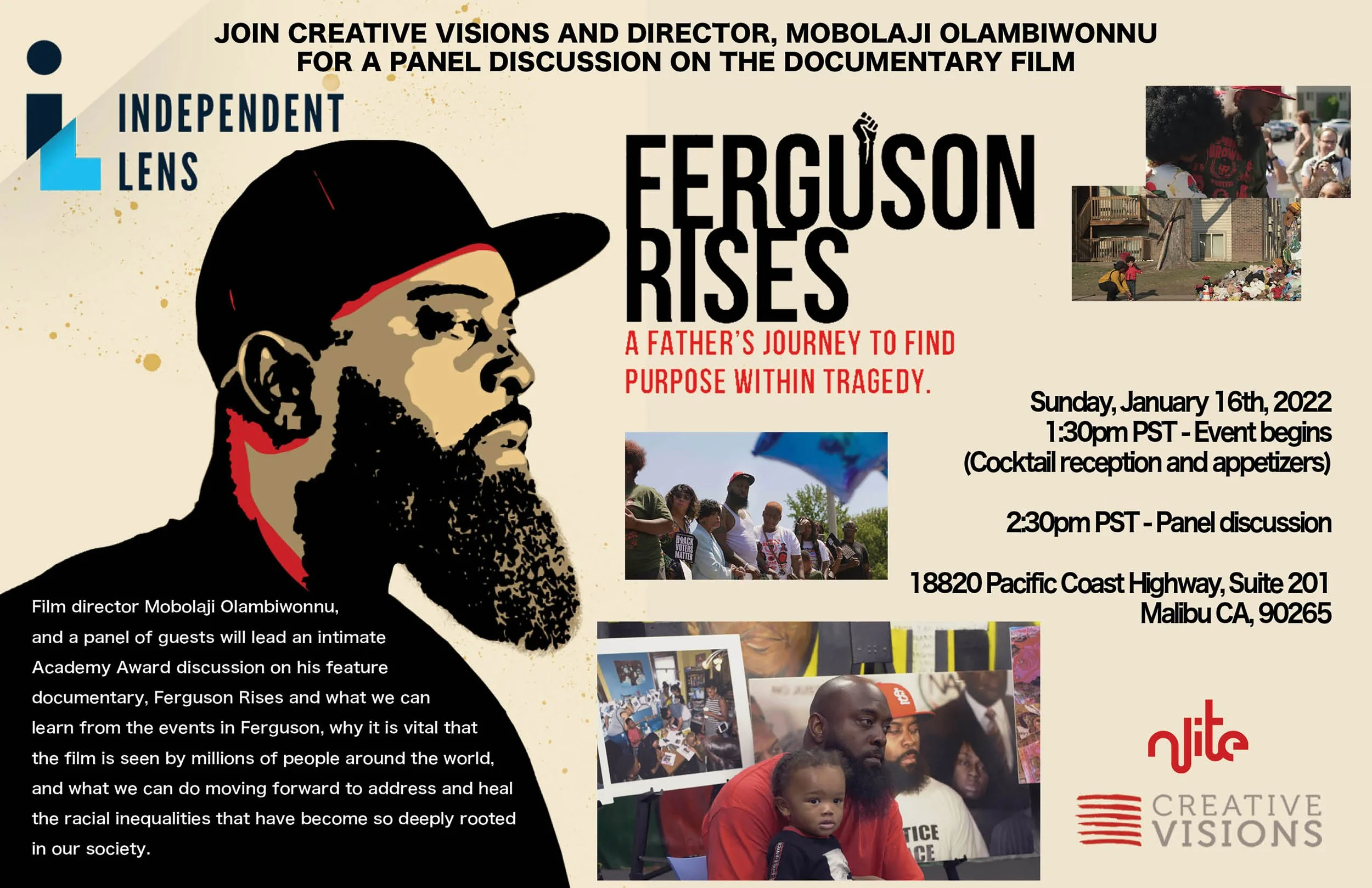 Creative Visions Film Screening Invitation, Ferguson Rising, Adobe InDesign, Illustrator, Photoshop
