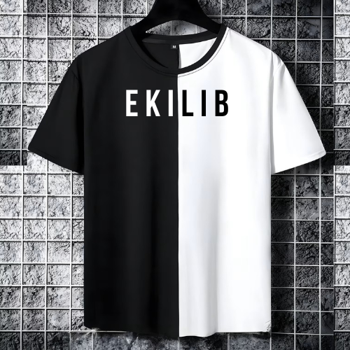 Black and white vertically split T-shirt with the word 'EKILLIB' written across the chest, hanging on a hanger against a grid wall.