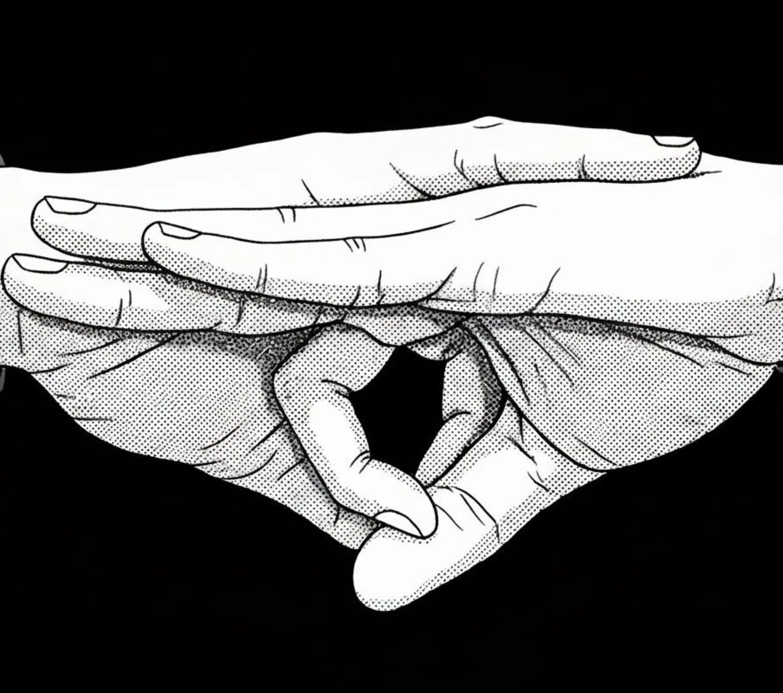 Black-and-white drawing of two hands, one above the other, forming an oval shape with fingers.