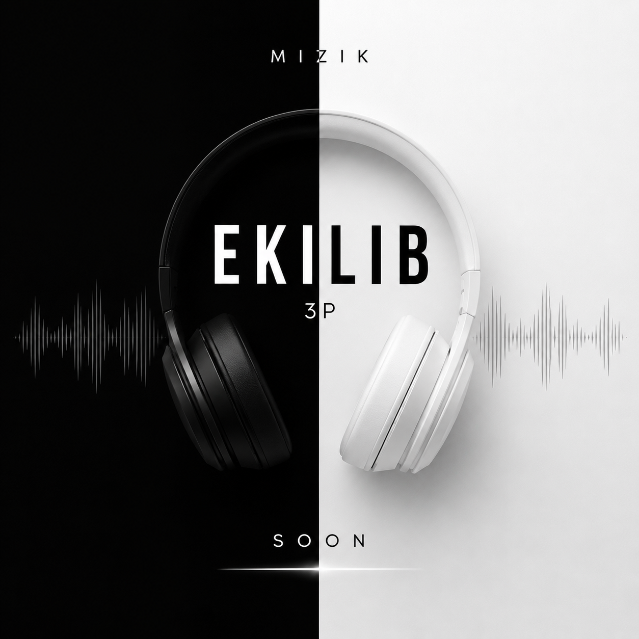 A split image of headphones, black on the left and white on the right, with audio waveforms and the word 'EKLIP' in the center, indicating an upcoming release.
