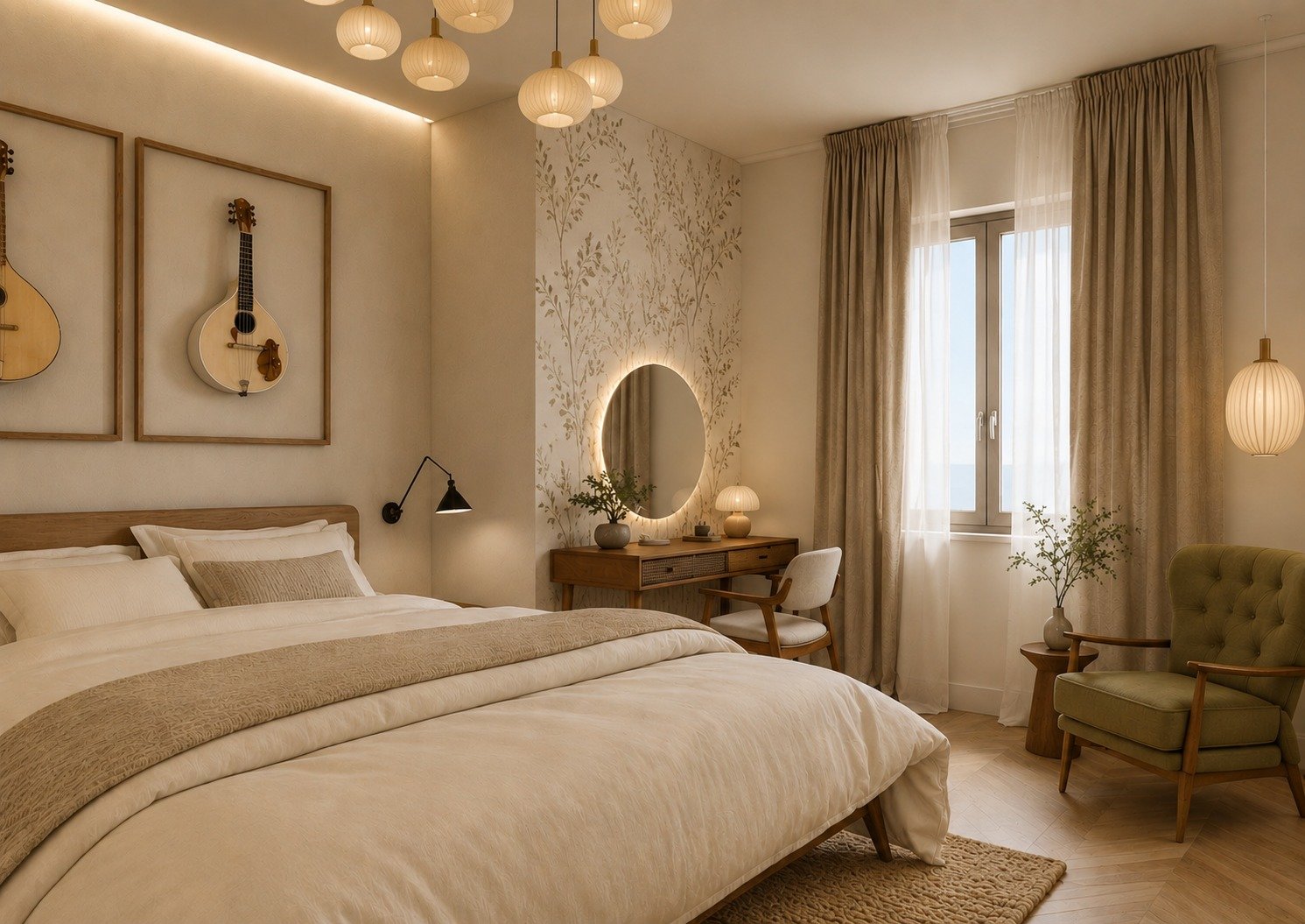 Quarto decorado com móveis de madeira, iluminação suave, parede com papel de parede com estampa de árvores, e decoração em tons neutros e naturais.