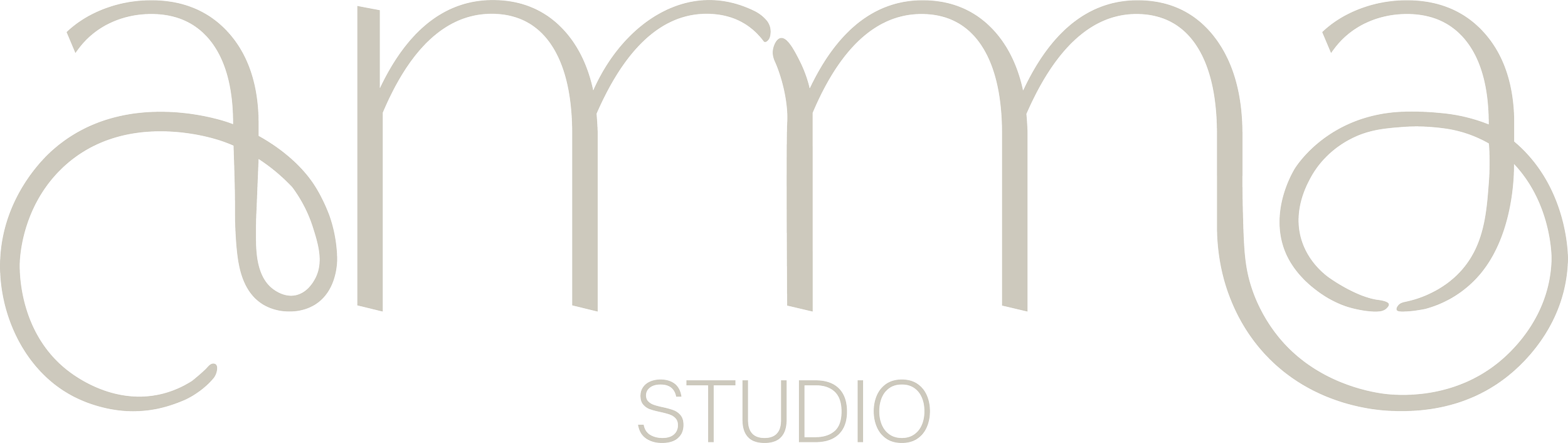 Logotipo com letras estilizadas, leitura de cima para baixo, formando o nome 'Amma Studio' em tons de cinza, fundo transparente.