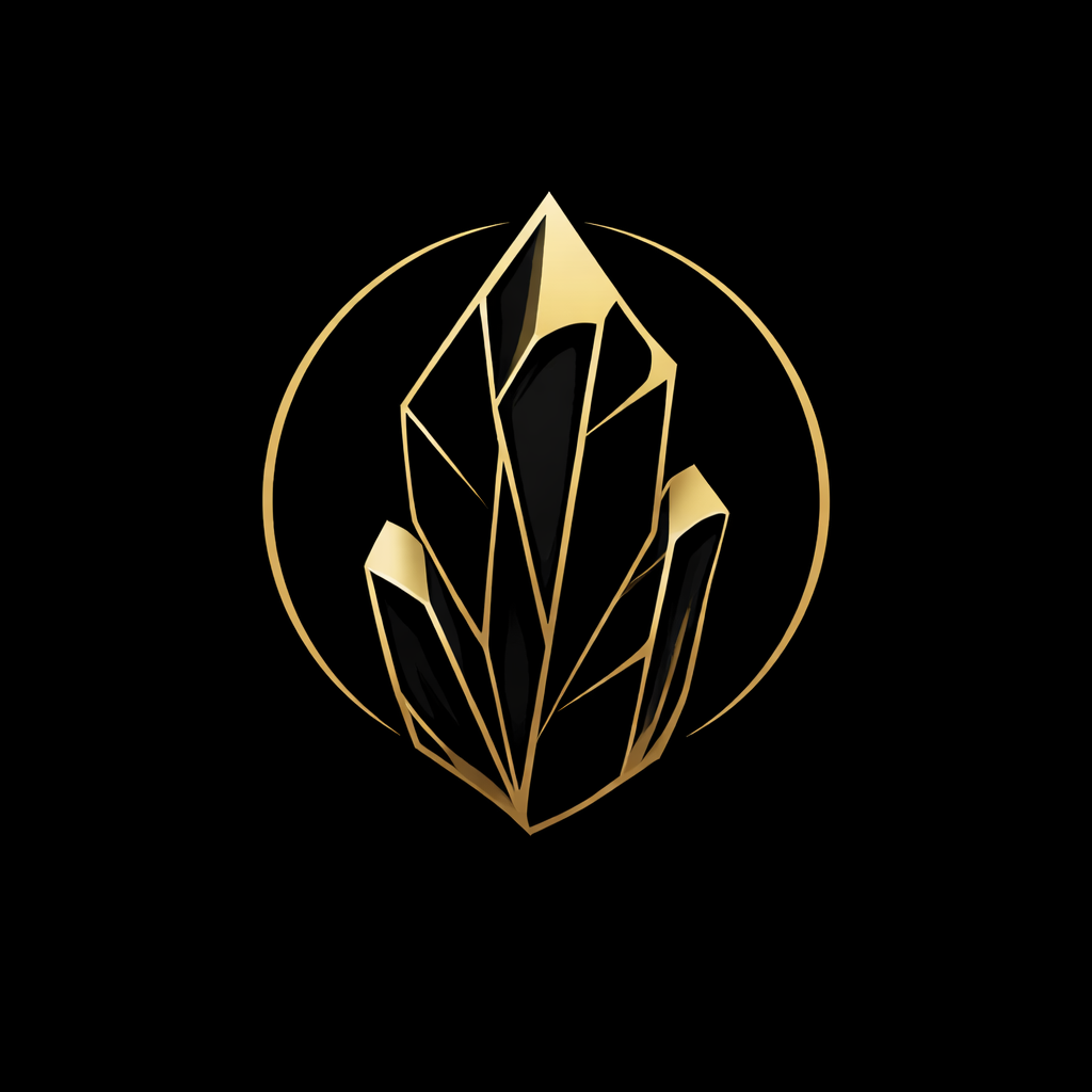 Stylized gold and black geometric crystal logo with a circular outline on a black background.