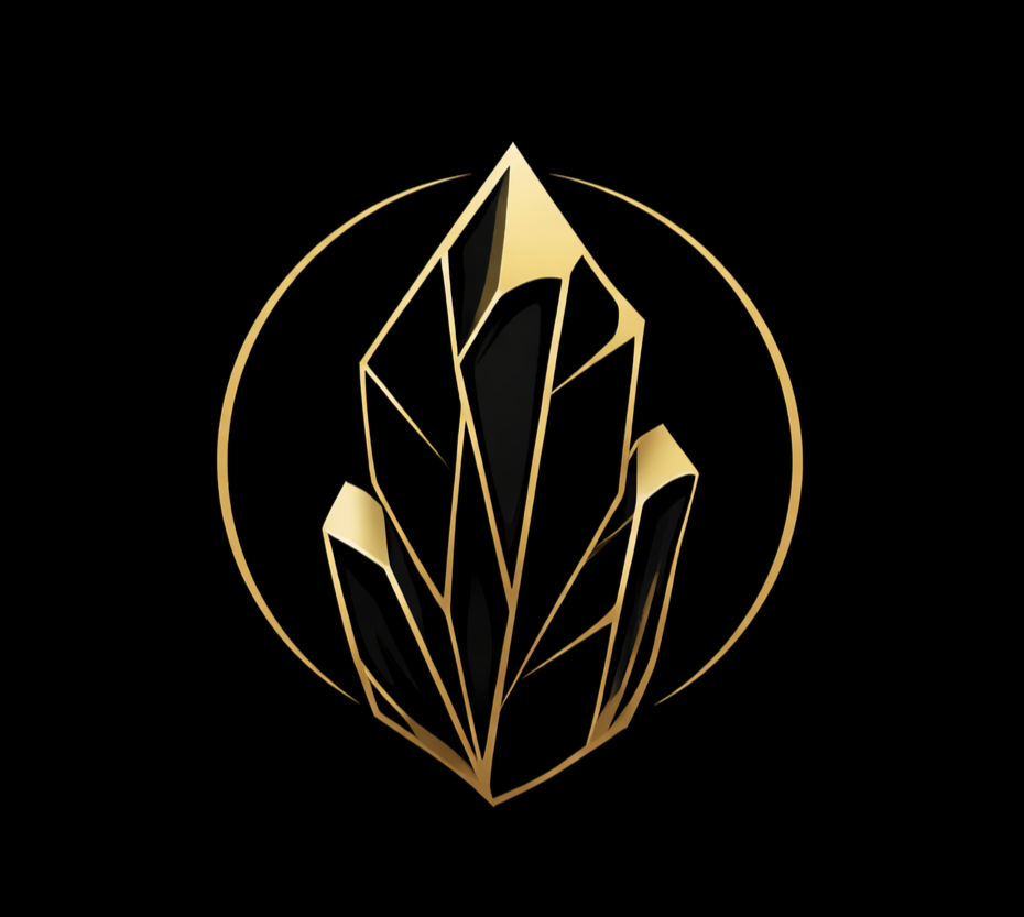 A gold and black crystalline geometric logo on a black background.