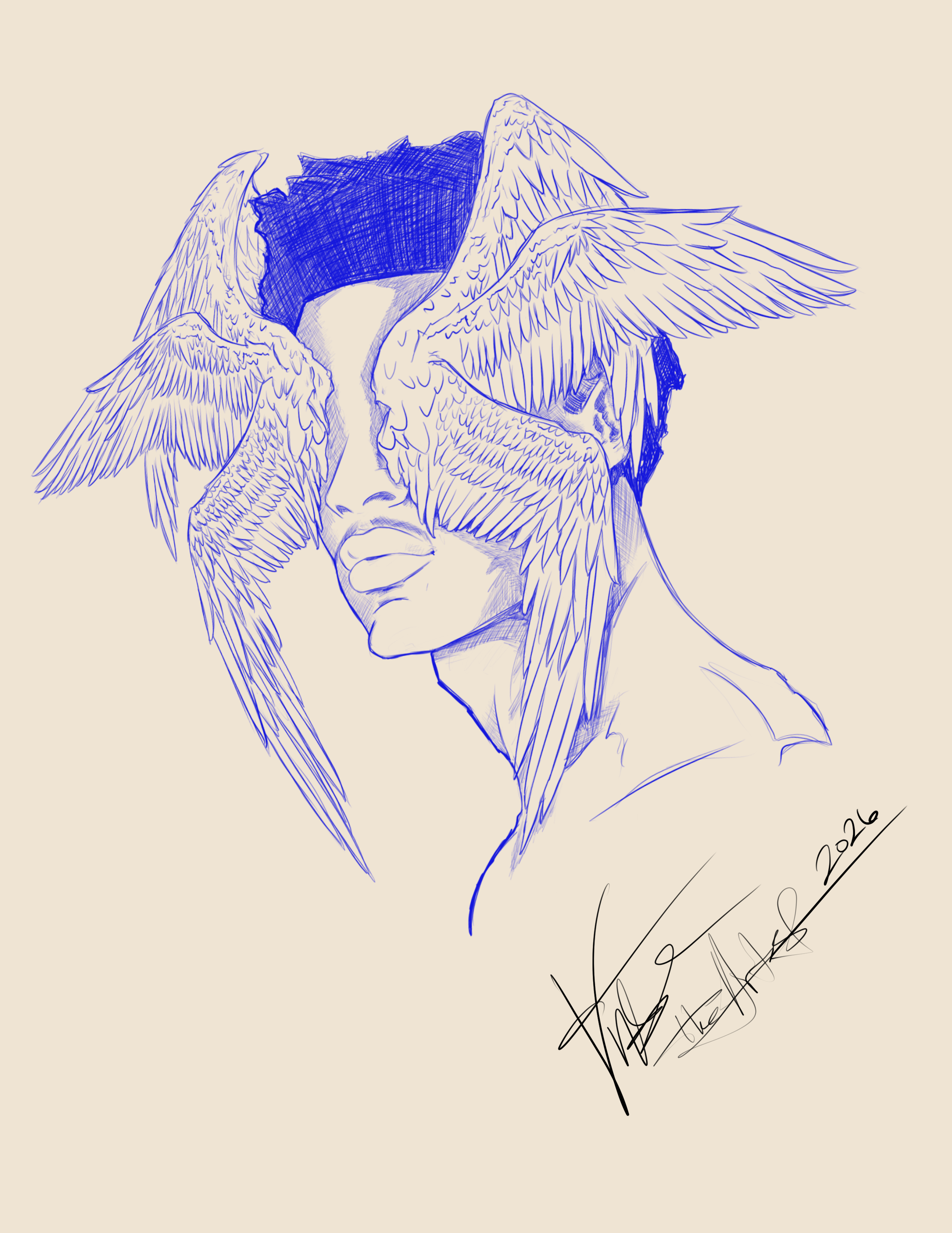 Sketch of a woman with long hair, her face partially obscured by detailed feathers or fur, signed and dated 2026.