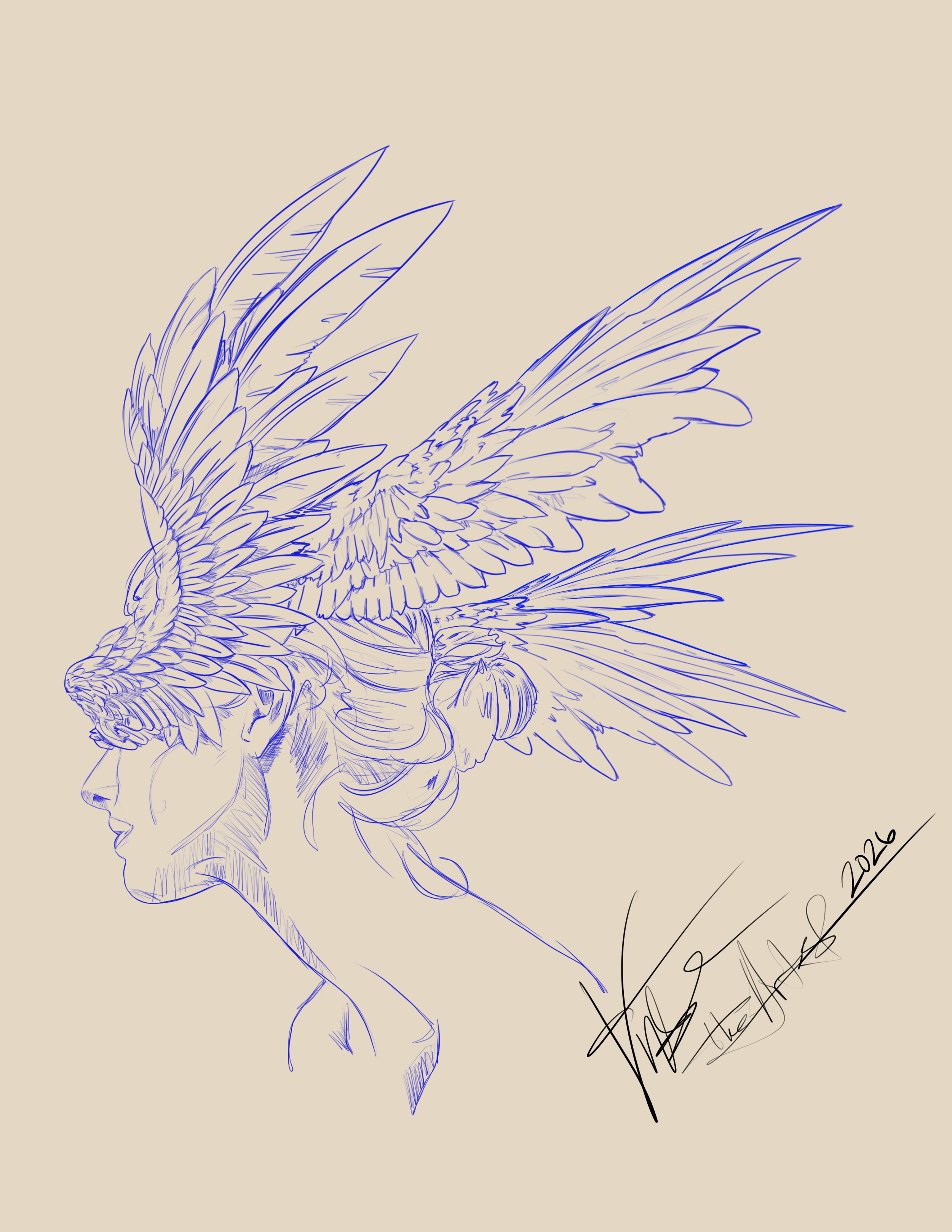 Sketch of a woman with detailed feathers transforming into a bird, signed with the date 2026.