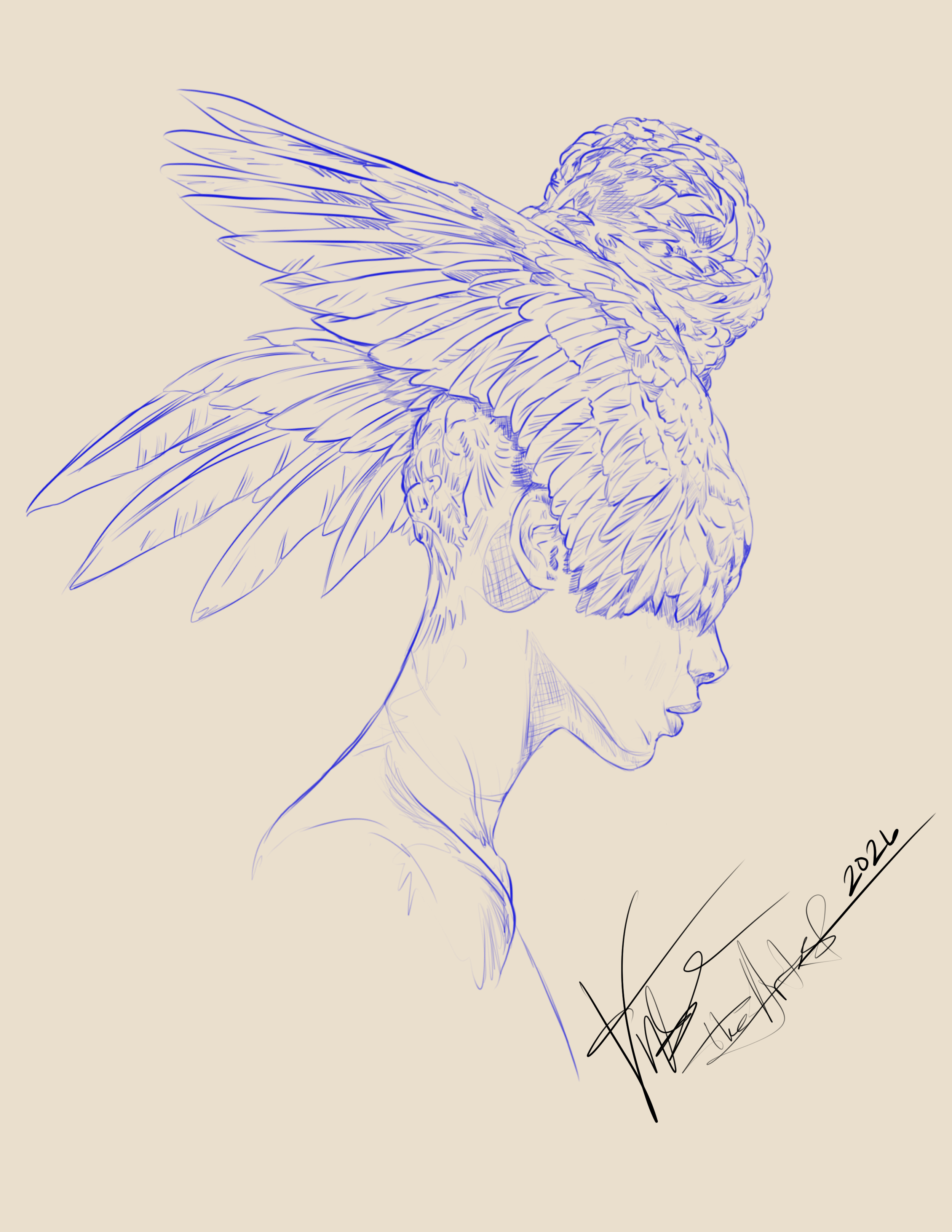 Sketch of a woman with bird wings on her head, side profile, signed and dated 2022.