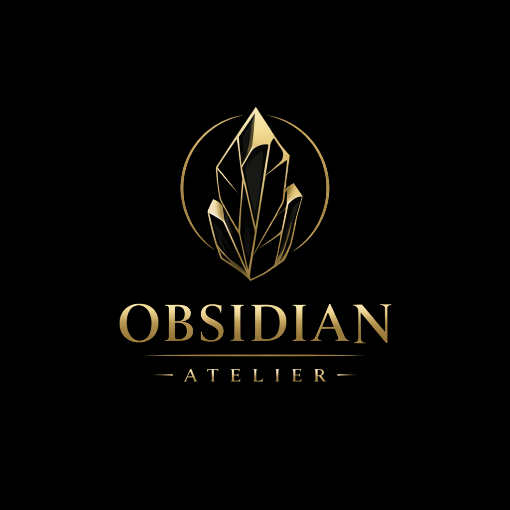 Gold and black logo with a stylized gemstone or crystal and the words 'Obsidian Atelier' in elegant font.