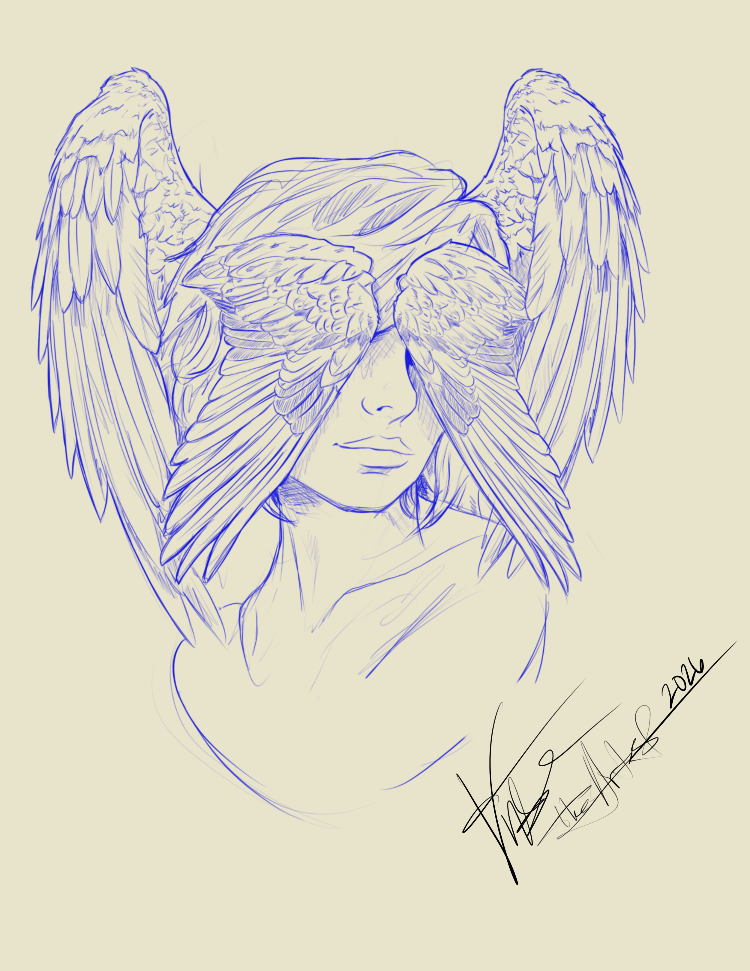 A hand-drawn sketch of a woman with large wings covering her face, only her lips and part of her nose visible. The drawing is signed with an artist's signature and date in the bottom right corner.