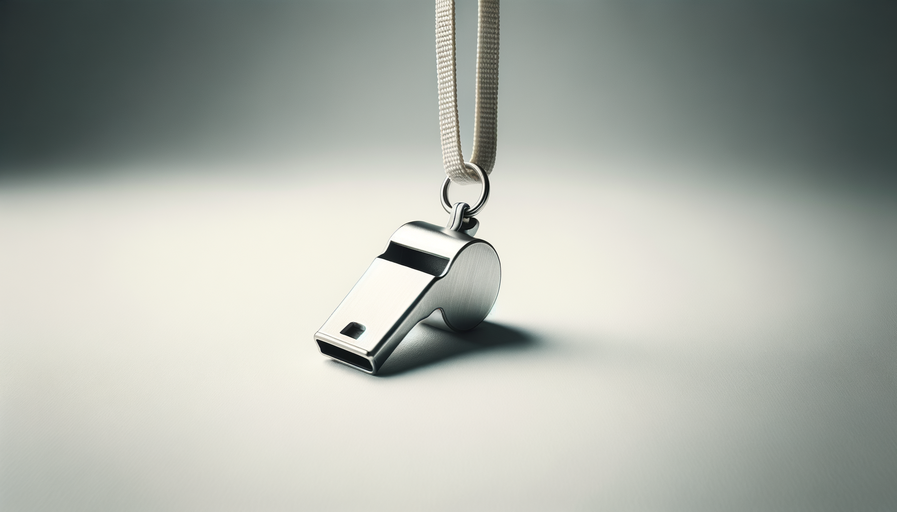 A metal whistle with a lanyard on a plain surface.