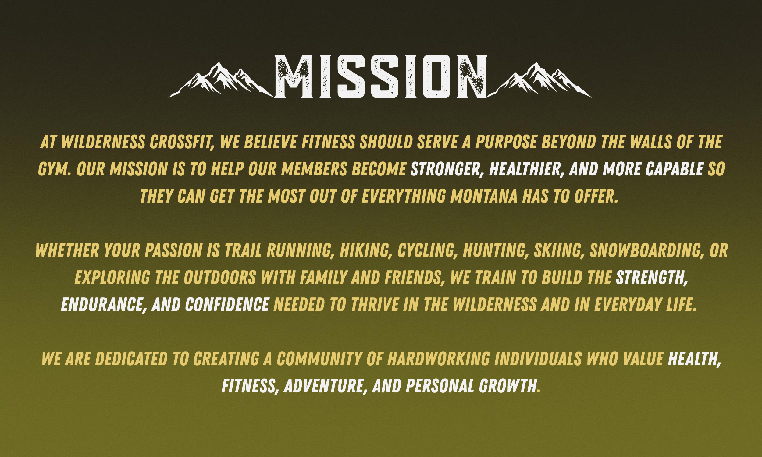 A motivational poster for Wilderness Crossfit featuring the word 'MISSION' at the top, with mountain imagery, and text emphasizing fitness and outdoor activities like trail running, hiking, cycling, hunting, skiing, snowboarding, and community building.