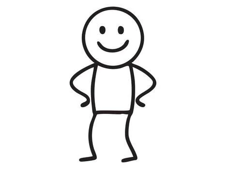 Simple black and white drawing of a happy stick figure with hands on hips.