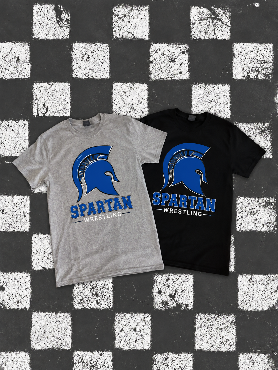 Spartan Wrestling T-Shirts on Grunge Checkerboard.png