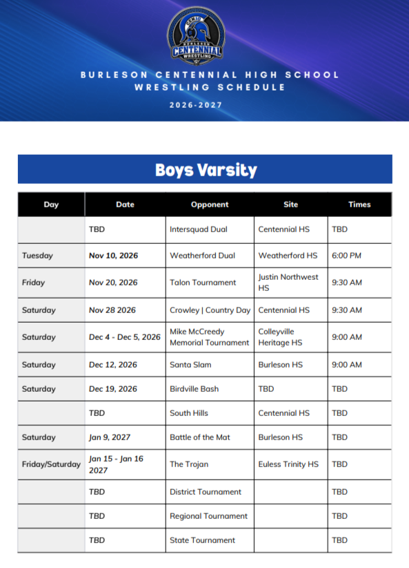 Burleson Centennial High School Boys Varsity Wrestling Schedule for 2026-2027 school year, including dates, opponents, locations, and times for matches and tournaments.