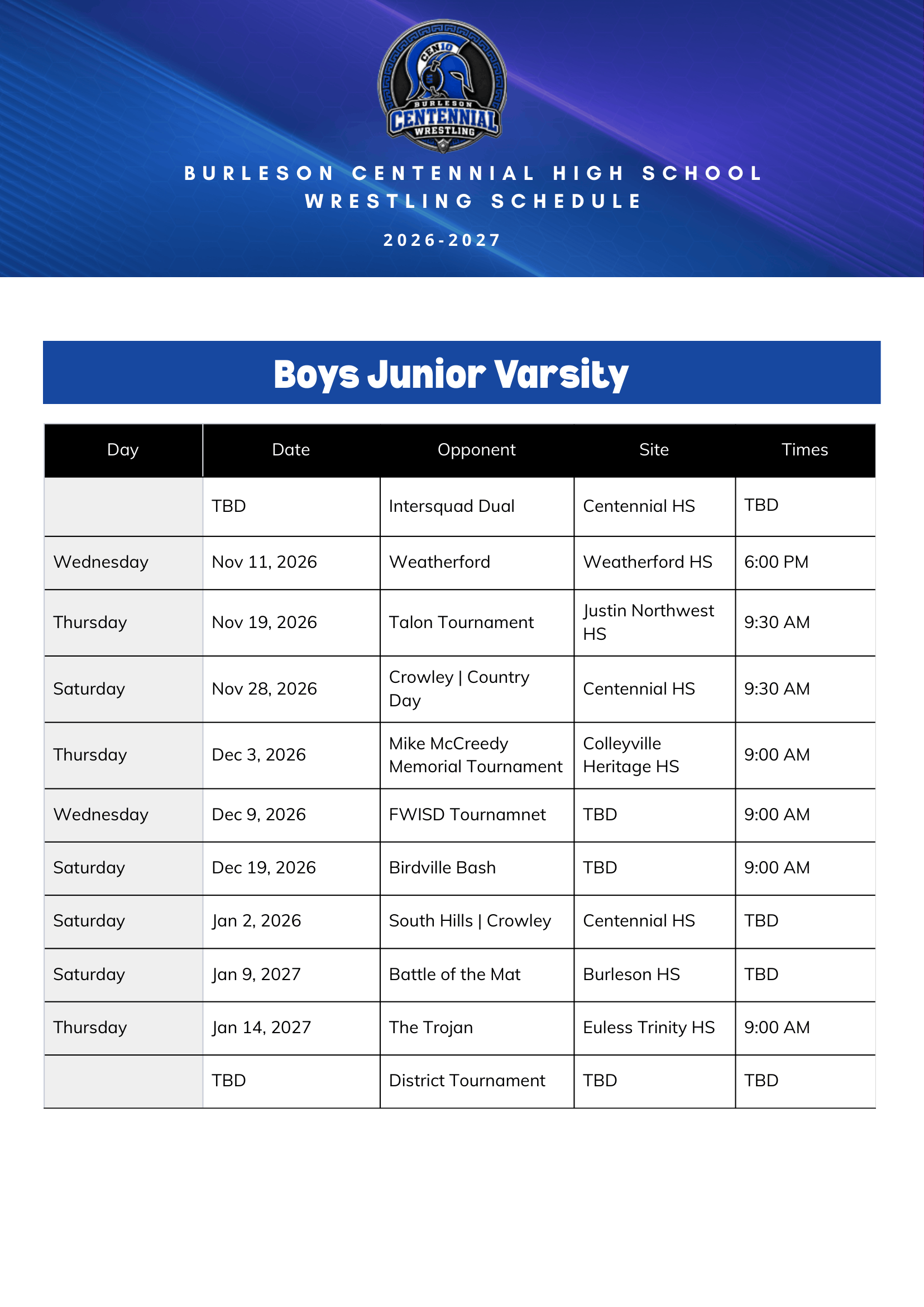 School wrestling schedule for Burleson Centennial High School for the 2026-2027 year, listing dates, opponents, sites, and times for various matches.