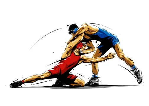 Two wrestlers competing in a match, one in red and the other in blue, with the blue wrestler grabbing the red wrestler's head in a grappling move.