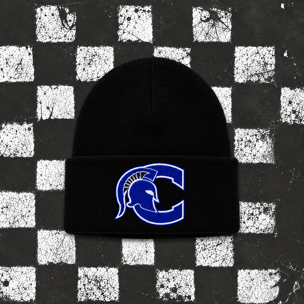 Gritty Blue Spartan Beanie on Checkerboard.png