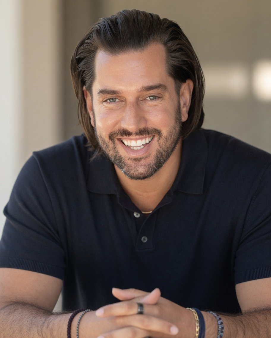 Headshot of a smiling man with shoulder-length dark brown hair, wearing a black polo shirt and jewelry, sitting with hands clasped on a table, in a well-lit indoor setting.