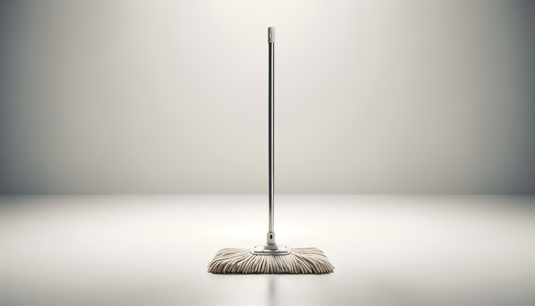 A mop with a white handle and beige cleaning pad, standing against a plain light gray background.
