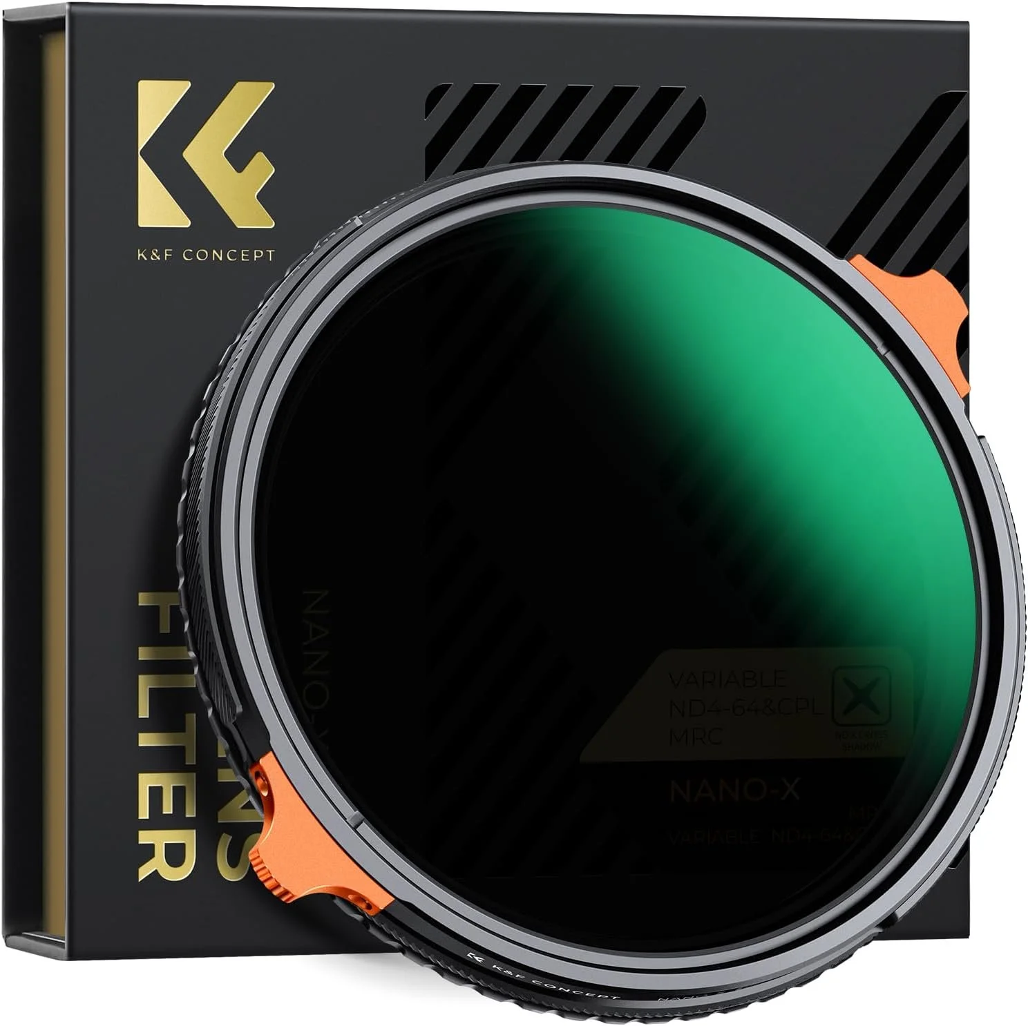 Boîtier d'objectif photo de la marque K&F Concept avec design noir et orange.