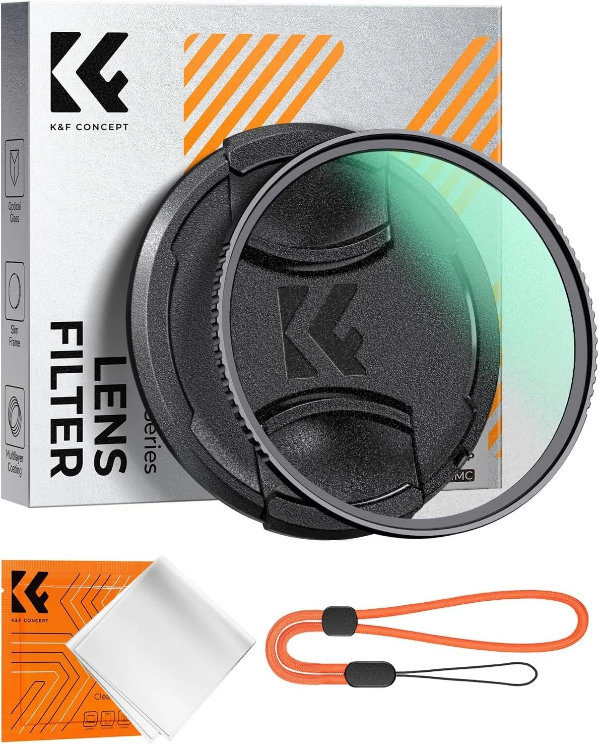 Objectif de caméra avec filtre Polarisant, un chiffon de nettoyage, et un cordon de fixation orange