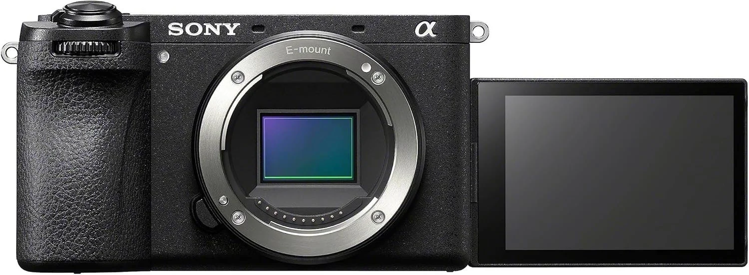Appareil photo numérique Sony alpha sans objectif, avec écran LCD déployé.
