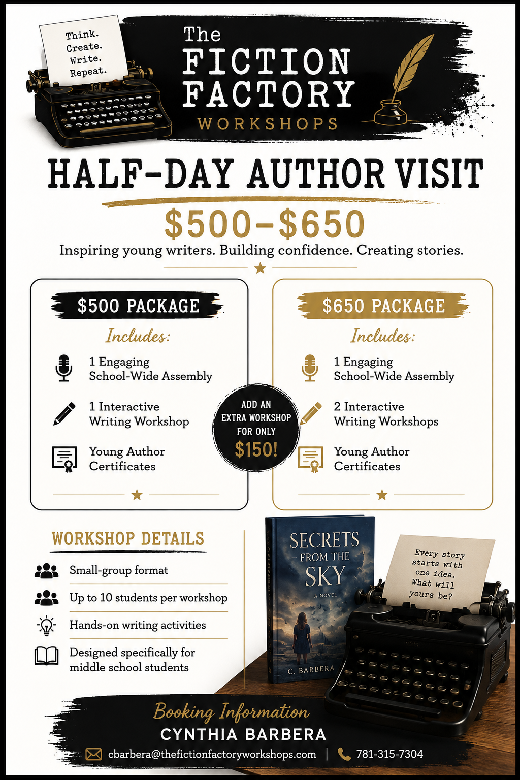 Flyer for The Fiction Factory Workshops promoting half-day author visits with packages priced at $500 and $650, including details about workshop format, activities, and booking information.