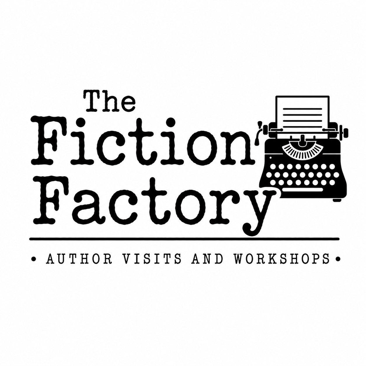 Logo for The Fiction Factory featuring a typewriter and text indicating author visits and workshops.