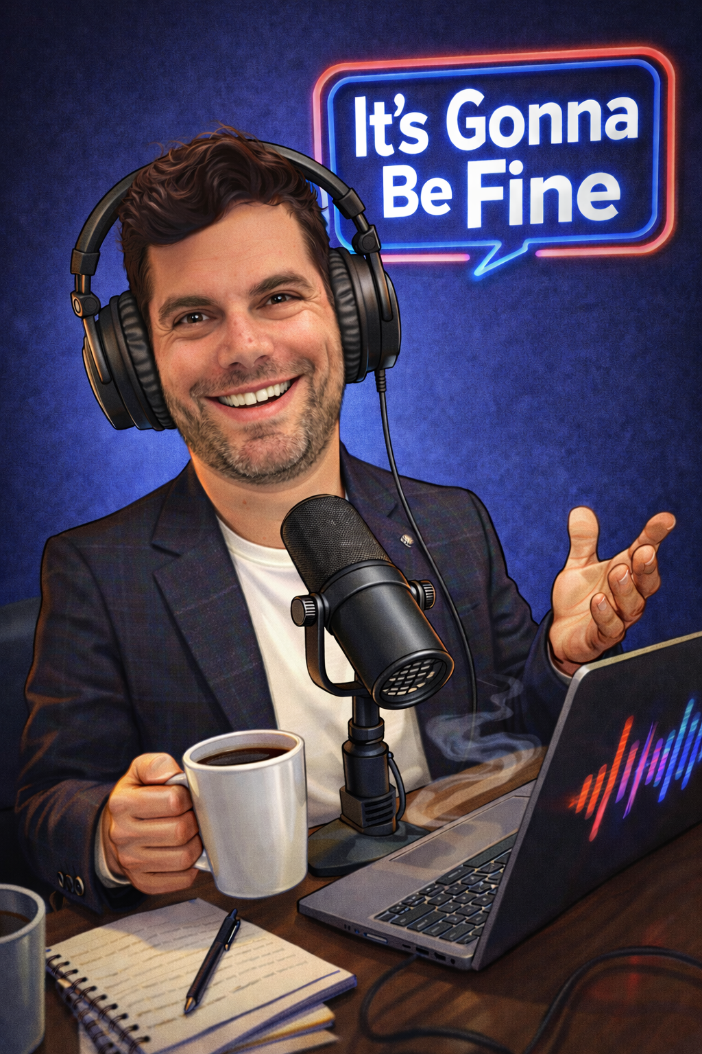 A man with a beard and dark hair, smiling and wearing headphones, sits at a desk with a microphone, laptop, a notebook, and a pen, holding a cup of coffee. There is a neon sign in the background that says 'It's Gonna Be Fine'.