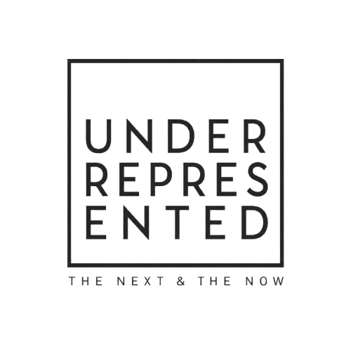 The image shows a black and white logo with the text 'UNDER REPRESENTED' arranged in a square, and underneath it says 'THE NEXT & THE NOW' in a smaller font.