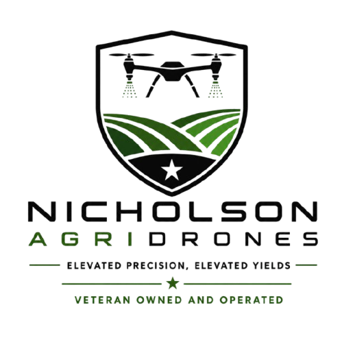 Logo for Nicholson AgriDrones featuring a drone flying over green fields, with the text 'Nicholson AgriDrones' and a tagline 'Elevated Precision, Elevated Yields'.