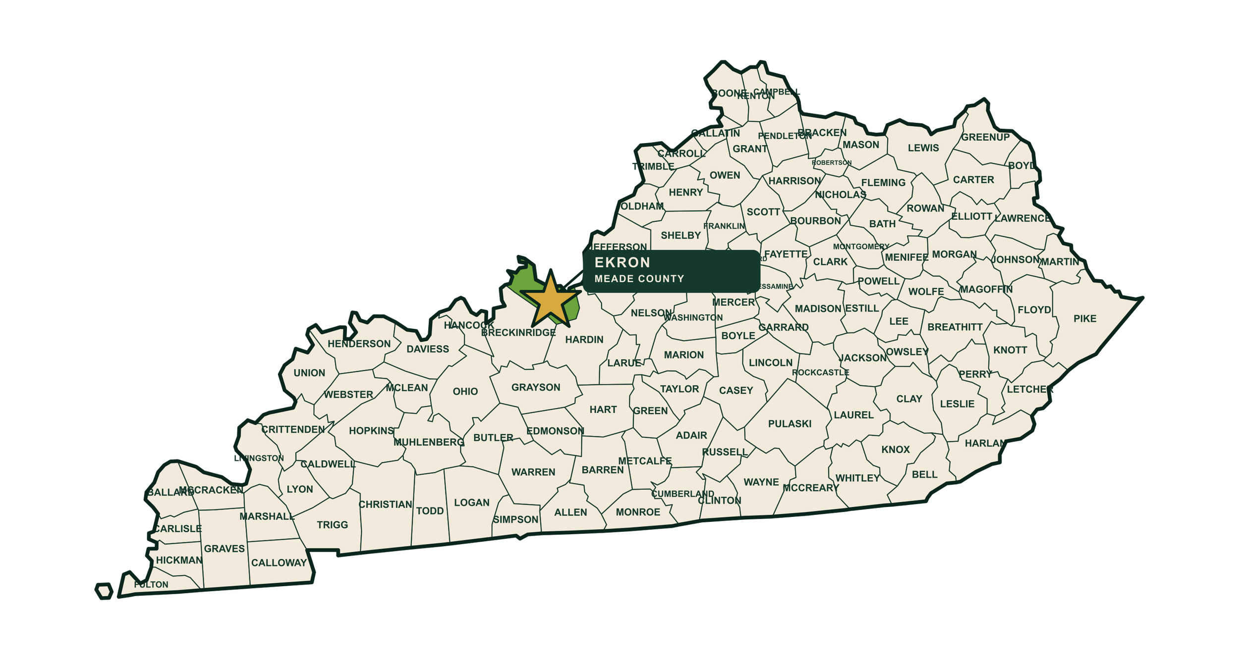 Map of Kentucky showing county borders with Meade County highlighted and a star marking its location.