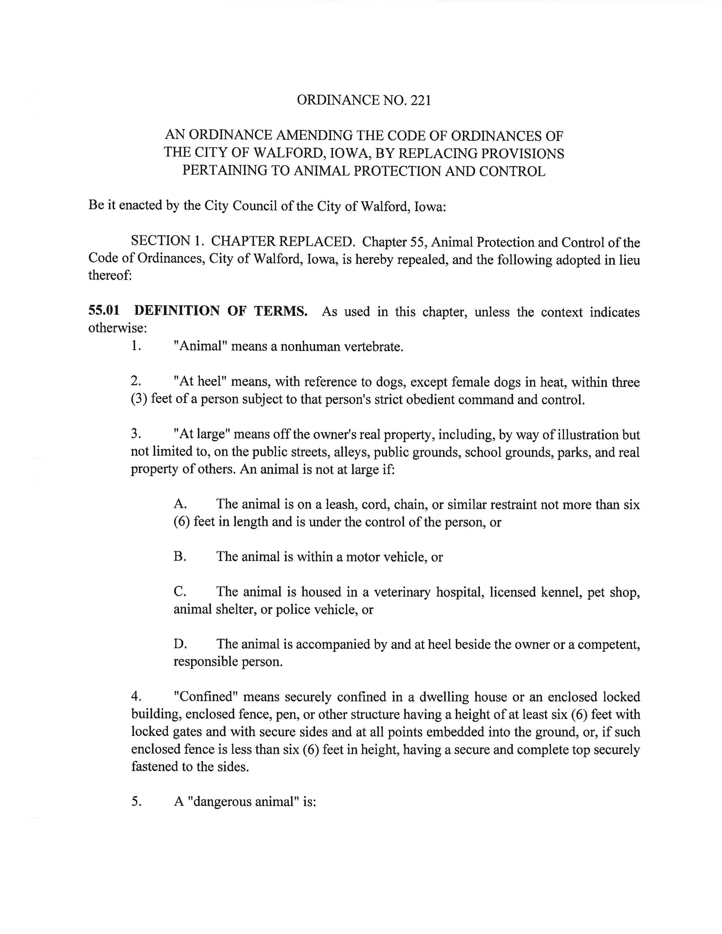 Ordinance No. 221 Amendment