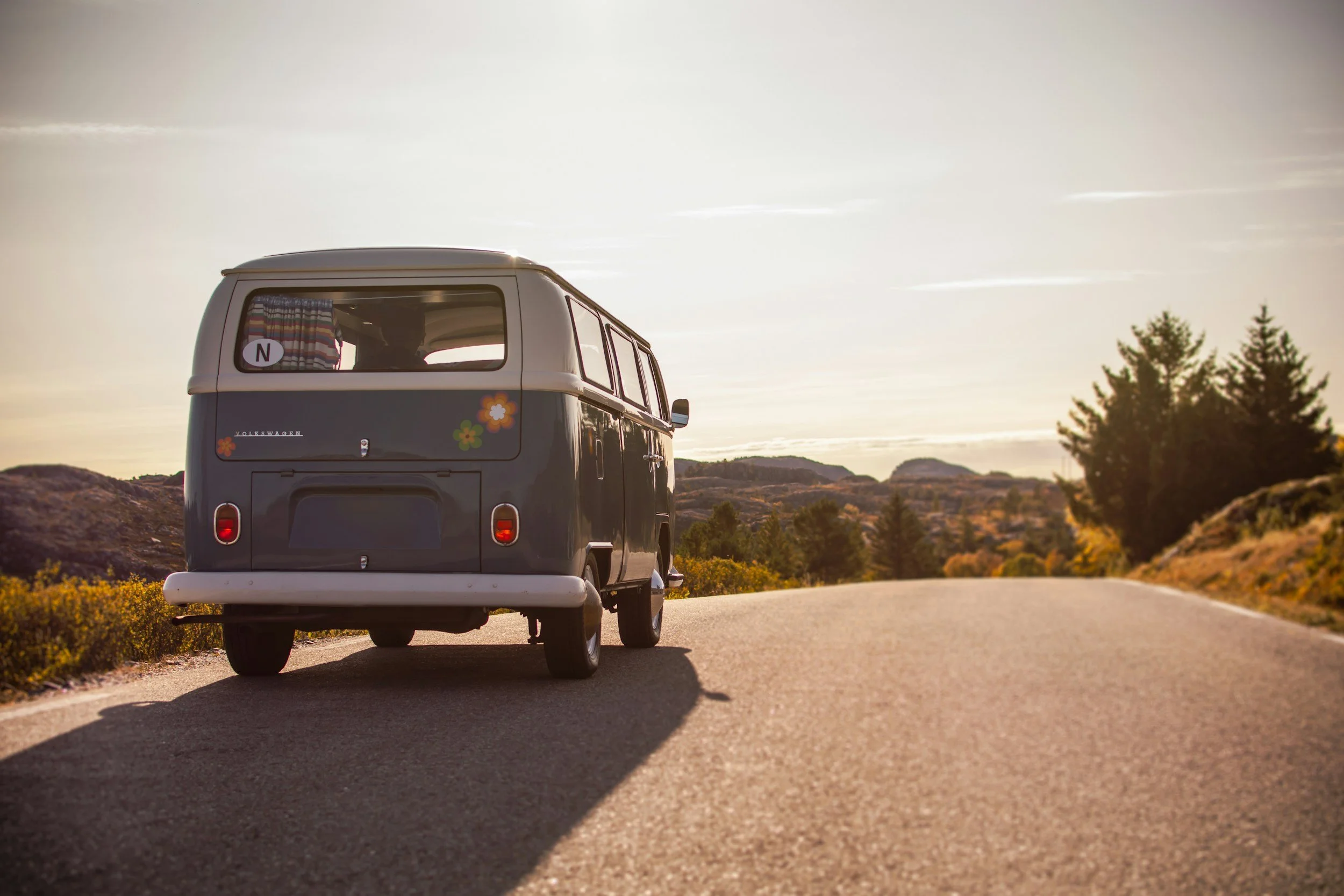 A vintage gray Volkswagen van with floral decals and a curtain inside, parked on the side of a road in a rural area during sunset or sunrise.