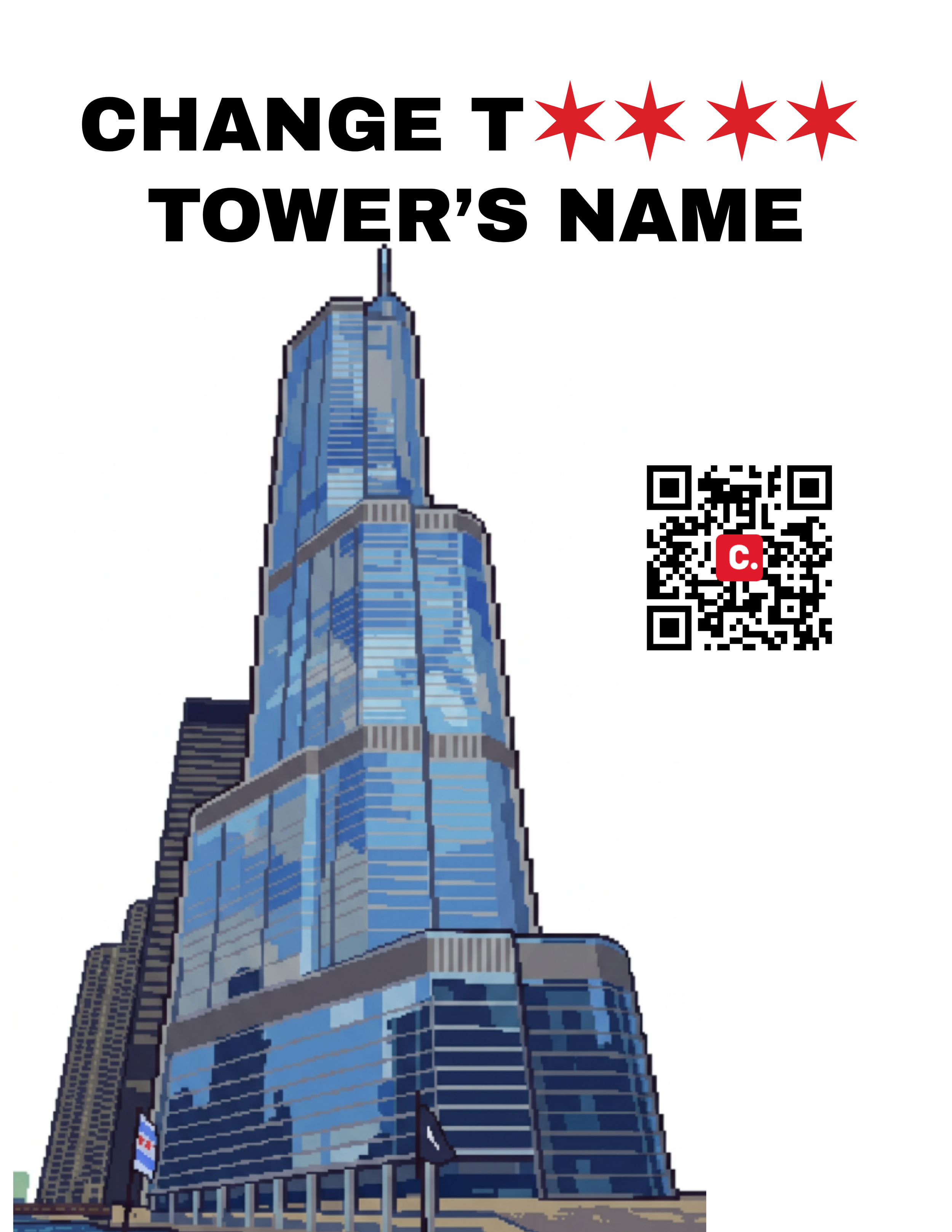 Pixelated image of the Burj Khalifa skyscraper with text encouraging viewers to change the tower's name, accompanied by a QR code.