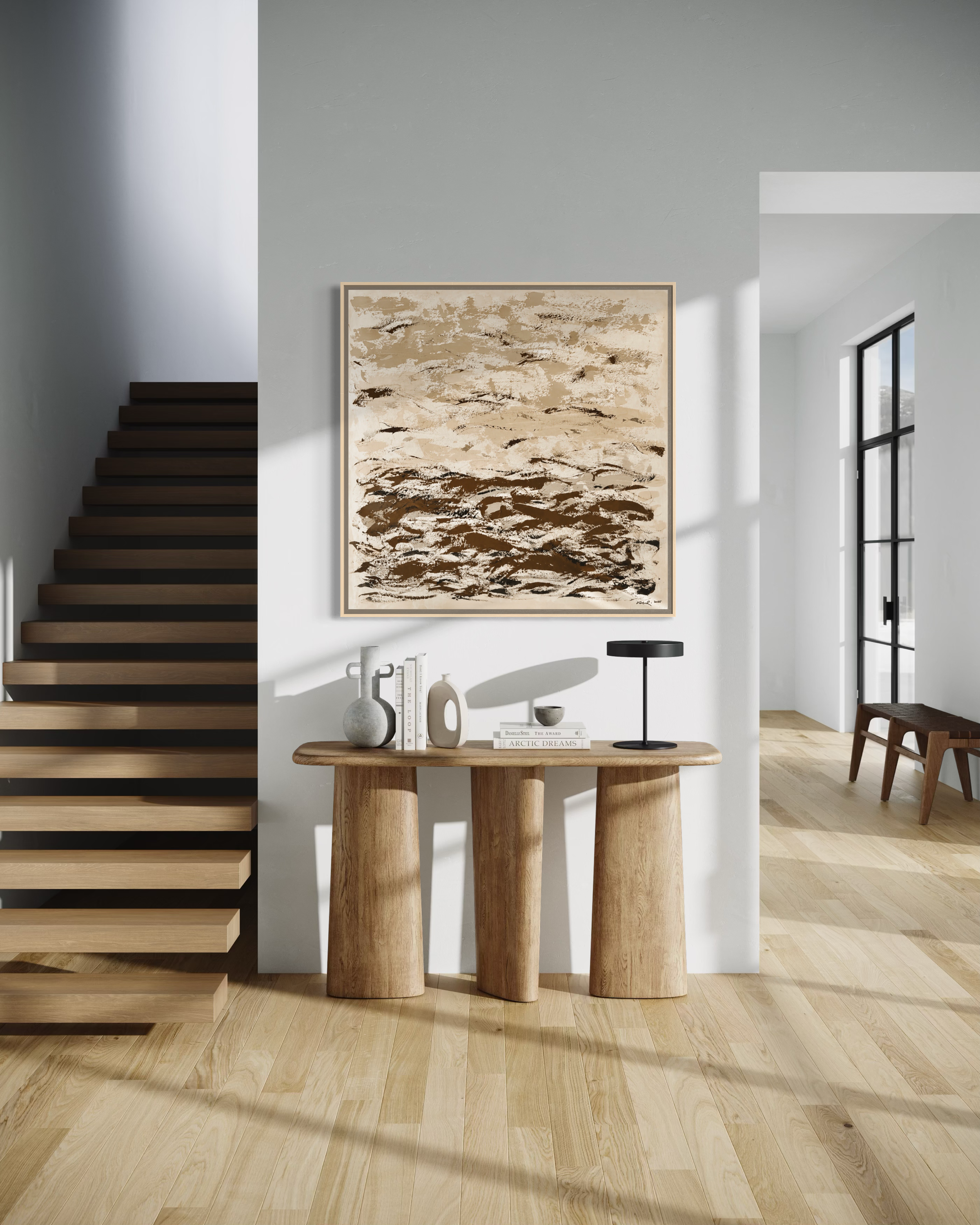 Interior of a modern home with Vanessa Benz's painting Breeze of Calm.
