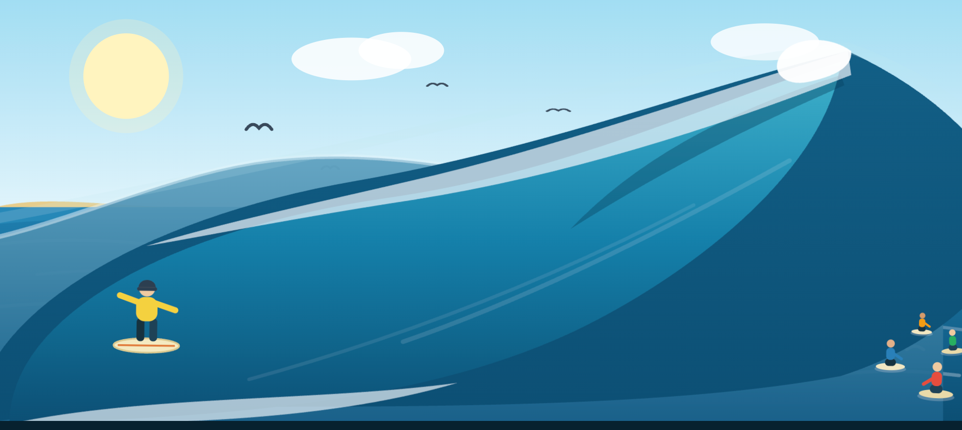 Illustration of a person surfing a wave with a surfboard, wearing a hat and yellow jacket, under a sunny sky with clouds and birds, with a group of small people in boats on the water nearby.